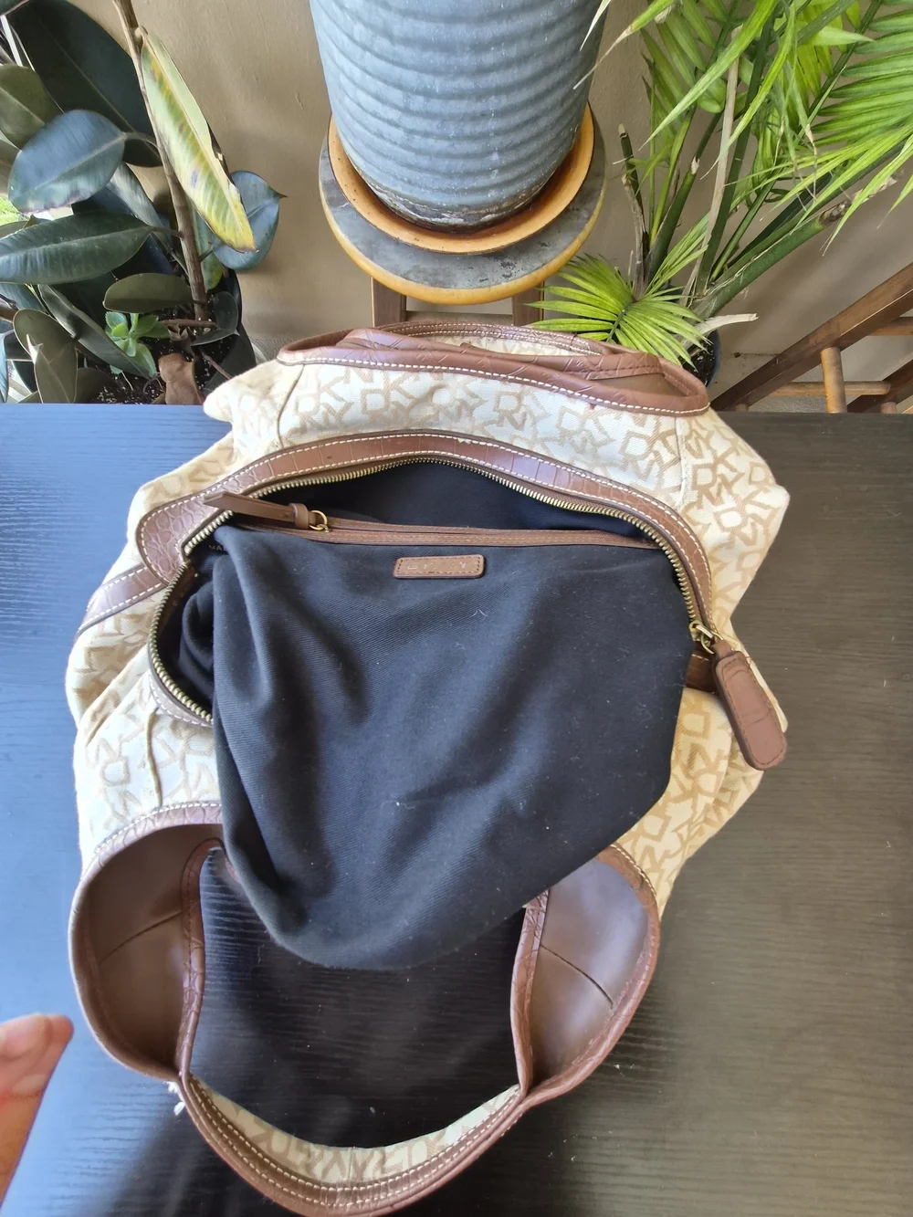 Vintage DKNY Logo Canvas Leather Trim Hobo Bag Gold Lock Beige Brown